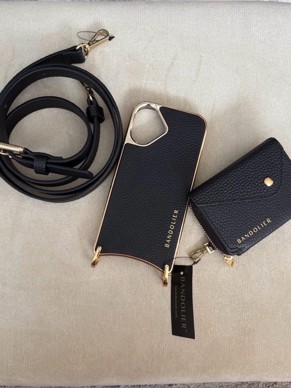 Bandolier Black Leather Crossbody Phone Case Set with Gold Hardware